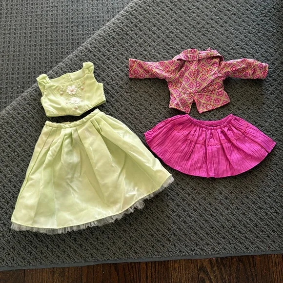 American Girl (2) Outfits Green Skirt Has Pink Faded Stain - Picture 1 of 4